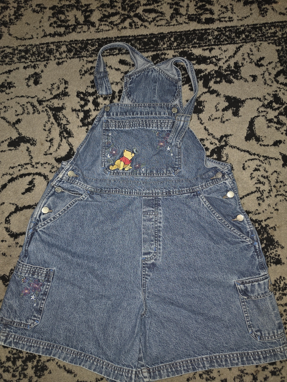 Denim  Overalls Shorts with Pooh Embroidery - Blue
